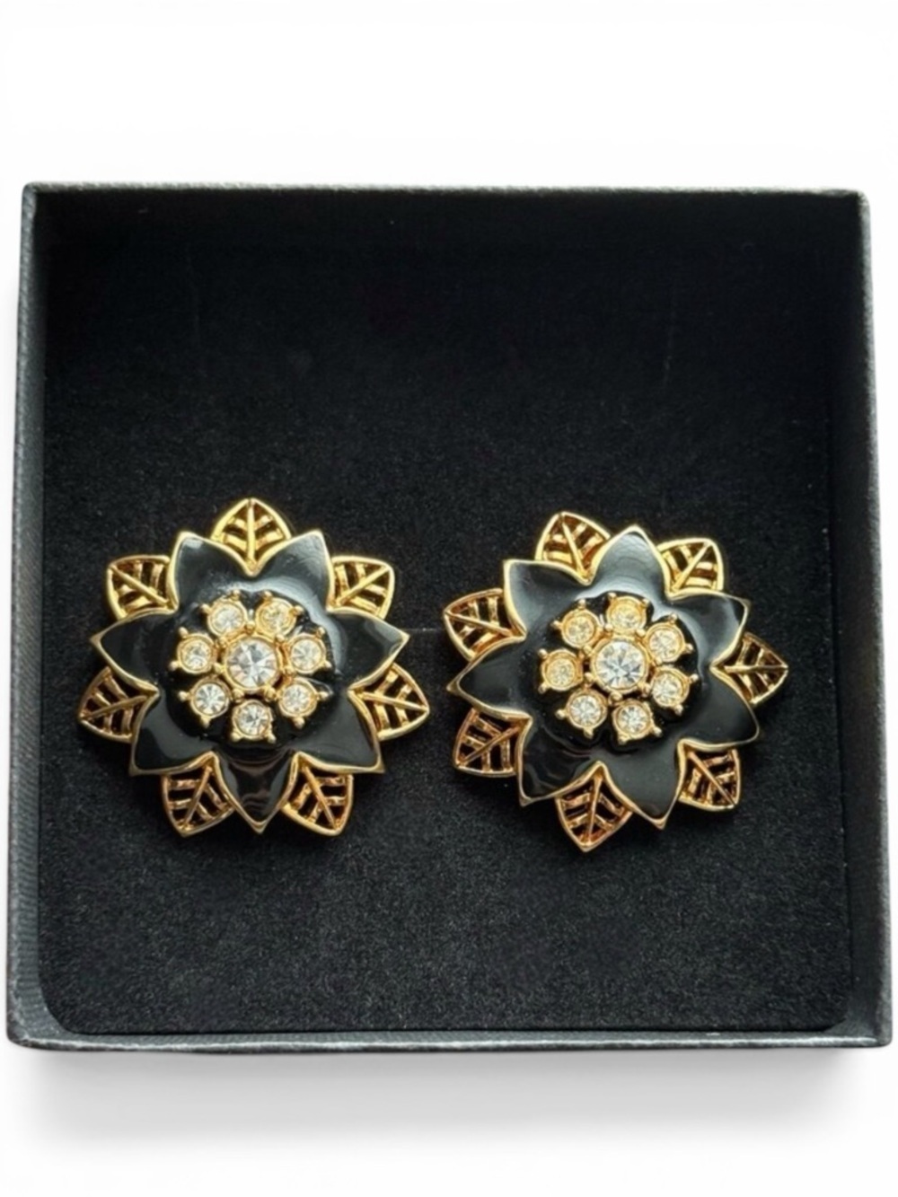 Vintage Avon "Festive Sparkle" Flower Pierced Earring Gold Tone Black Enamel